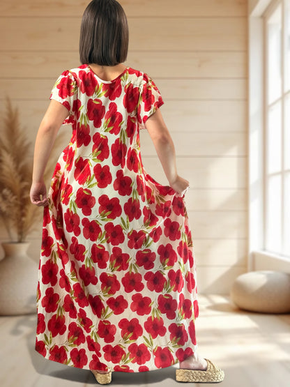 JULIE - ROBE LONGUE FLUIDE A FLEUR JUSQU'A LA TAILLE 48