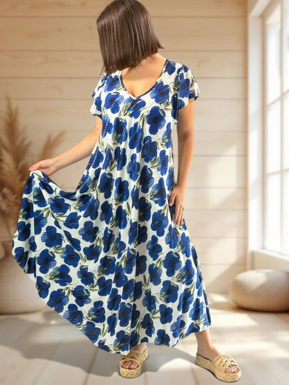 JULIE - ROBE LONGUE FLUIDE A FLEUR JUSQU'A LA TAILLE 48