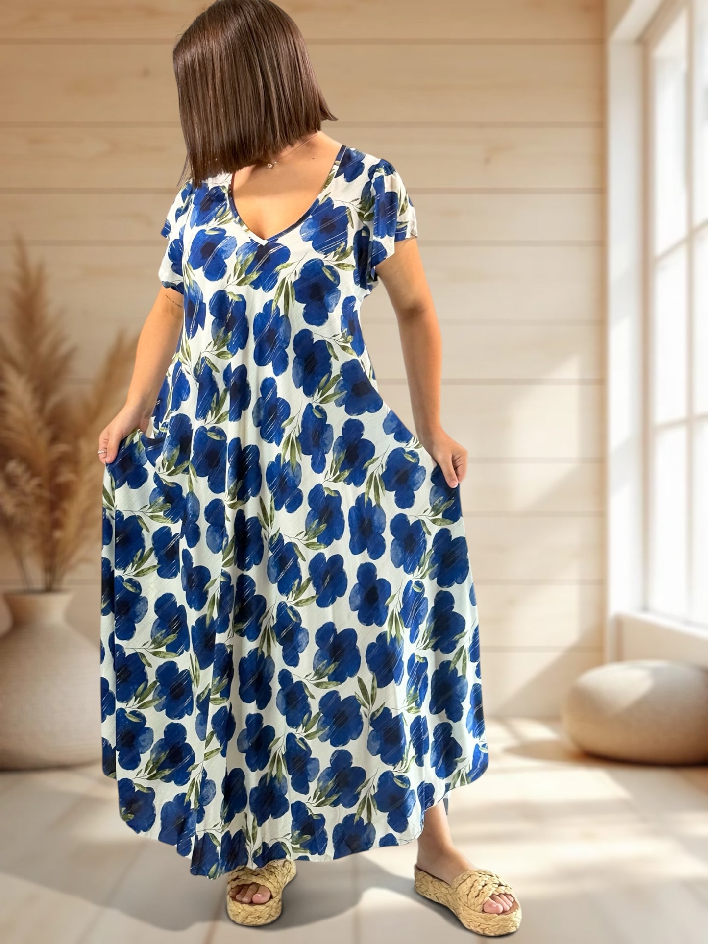 JULIE - ROBE LONGUE FLUIDE A FLEUR JUSQU'A LA TAILLE 48