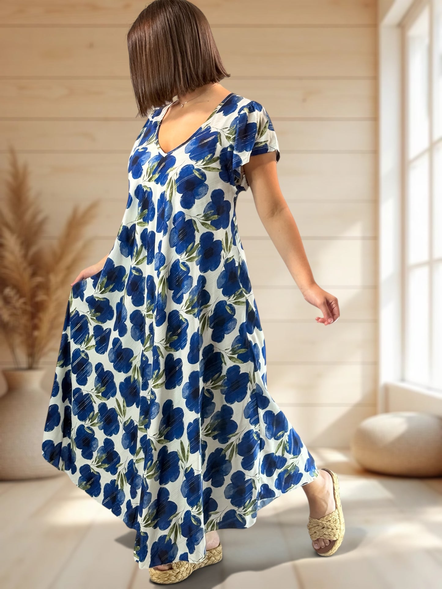 JULIE - ROBE LONGUE FLUIDE A FLEUR JUSQU'A LA TAILLE 48