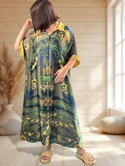 MARGOT - ROBE SOYEUSE KAKI A MOTIF JUSQU'A LA TAILLE 50