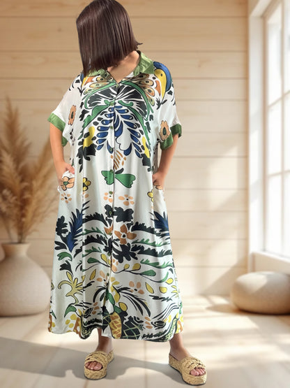 MARGOT - ROBE SOYEUSE BEIGE A MOTIF JUSQU'A LA TAILLE 50