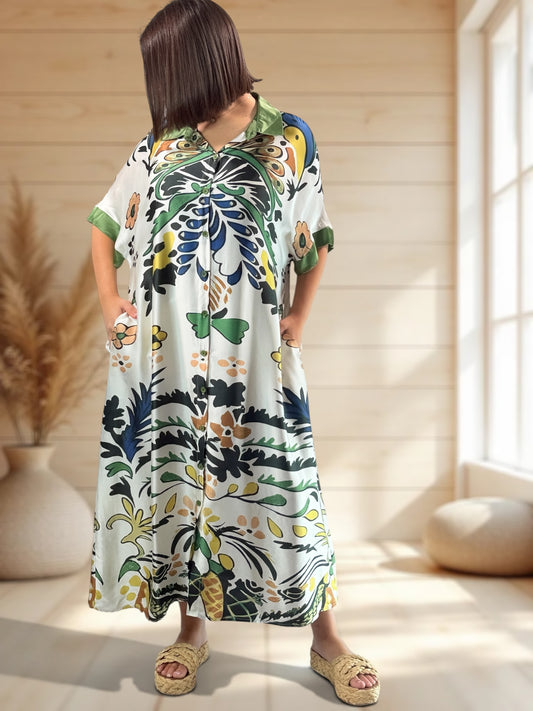 MARGOT - ROBE SOYEUSE BEIGE A MOTIF JUSQU'A LA TAILLE 50