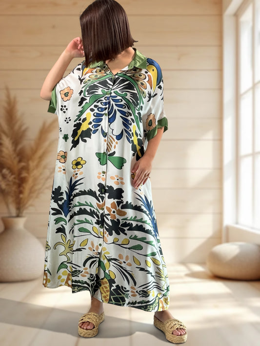 MARGOT - ROBE SOYEUSE BEIGE A MOTIF JUSQU'A LA TAILLE 50
