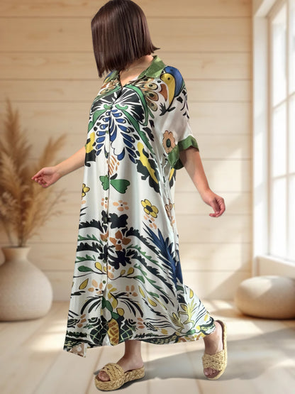 MARGOT - ROBE SOYEUSE BEIGE A MOTIF JUSQU'A LA TAILLE 50