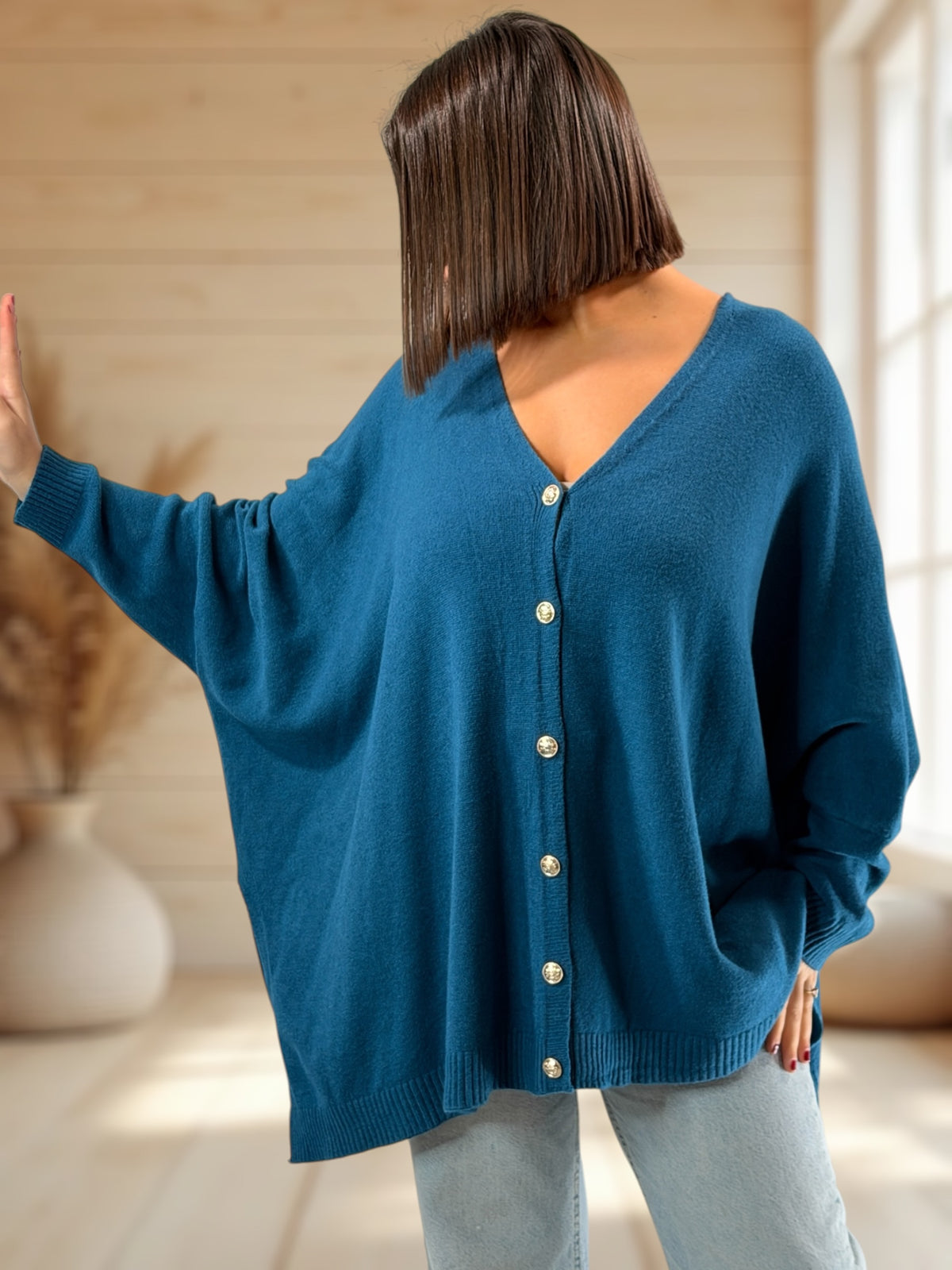MATHILDE - GILET OVERSIZE BLEU JUSQU'A LA TAILLE 56/58