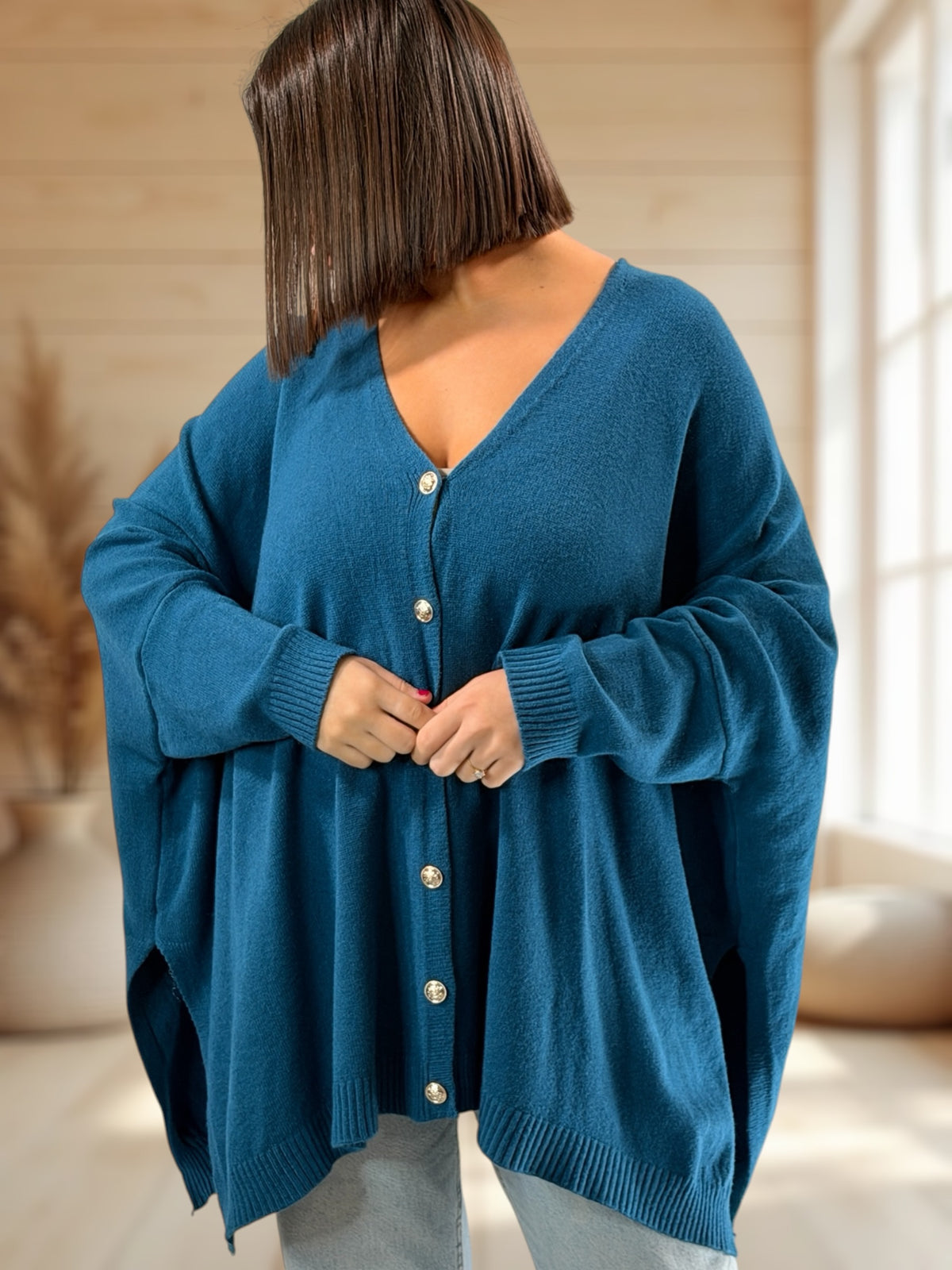 MATHILDE - GILET OVERSIZE BLEU JUSQU'A LA TAILLE 56/58
