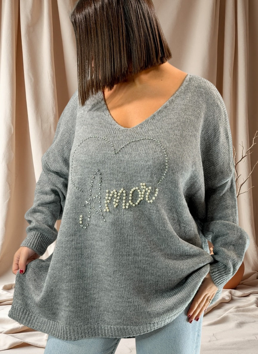 MOLLY - PULL OVERSIZE GRIS AVEC PERLE ET STRASS JUSQU'A LA TAILLE 54