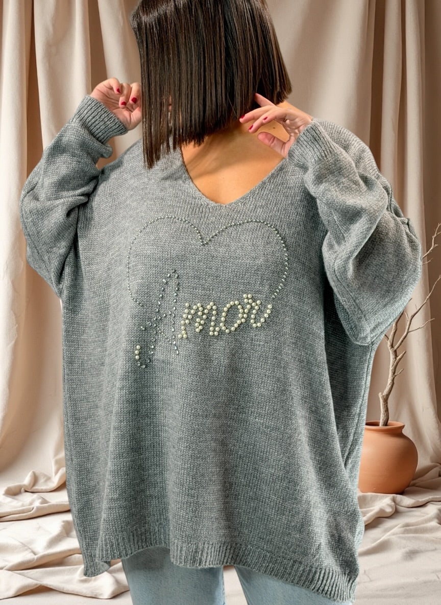 MOLLY - PULL OVERSIZE GRIS AVEC PERLE ET STRASS JUSQU'A LA TAILLE 54