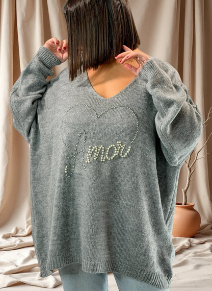 MOLLY - PULL OVERSIZE GRIS AVEC PERLE ET STRASS JUSQU'A LA TAILLE 54