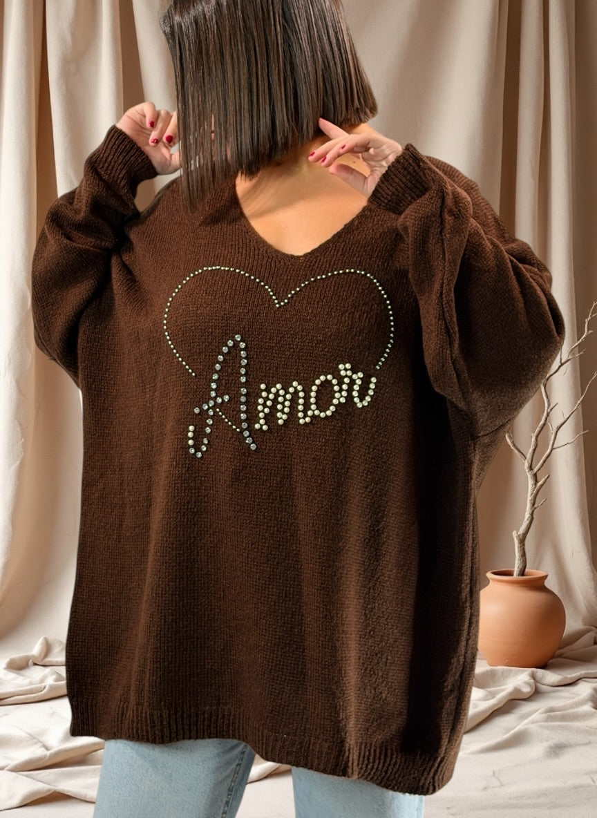 MOLLY - PULL OVERSIZE MARRON AVEC PERLE ET STRASS JUSQU'A LA TAILLE 54