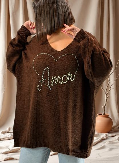 MOLLY - PULL OVERSIZE MARRON AVEC PERLE ET STRASS JUSQU'A LA TAILLE 54