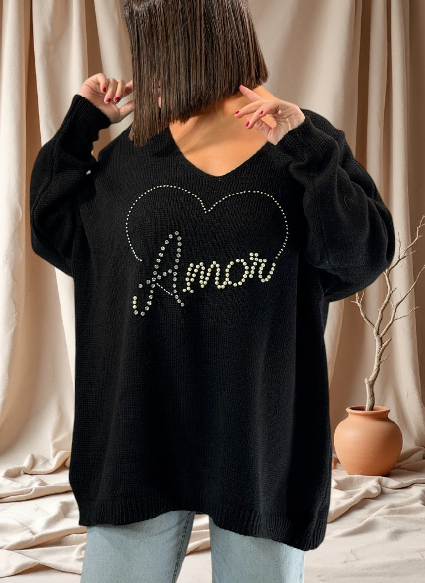 MOLLY - PULL OVERSIZE NOIR AVEC PERLE ET STRASS JUSQU'A LA TAILLE 54