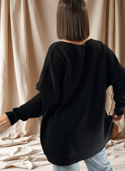 MOLLY - PULL OVERSIZE NOIR AVEC PERLE ET STRASS JUSQU'A LA TAILLE 54