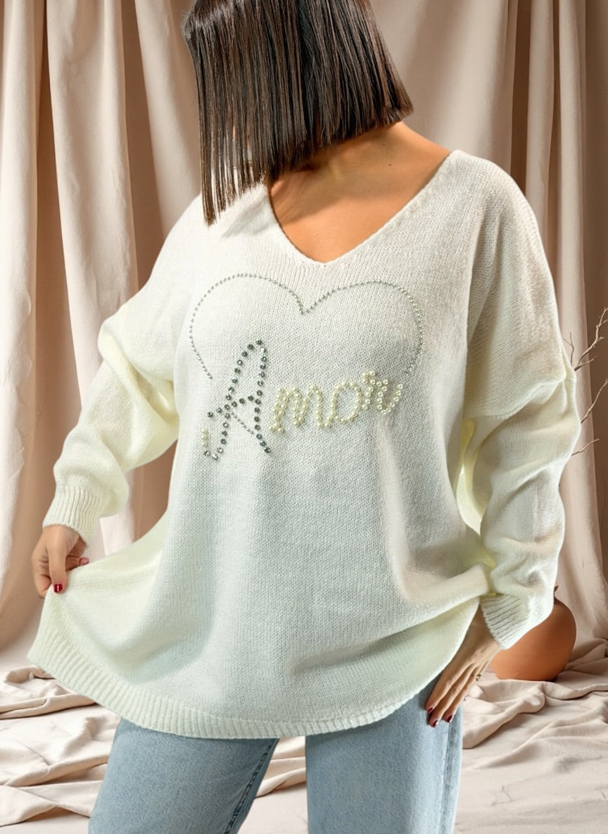 MOLLY - PULL OVERSIZE BLANC CASSE AVEC PERLE ET STRASS JUSQU'A LA TAILLE 54
