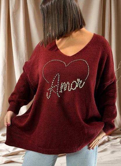 MOLLY - PULL OVERSIZE BORDEAUX AVEC PERLE ET STRASS JUSQU'A LA TAILLE 54