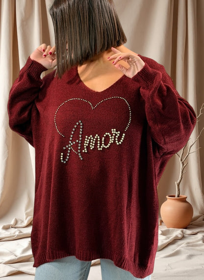 MOLLY - PULL OVERSIZE BORDEAUX AVEC PERLE ET STRASS JUSQU'A LA TAILLE 54