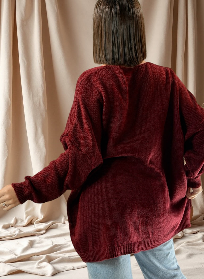 MOLLY - PULL OVERSIZE BORDEAUX AVEC PERLE ET STRASS JUSQU'A LA TAILLE 54