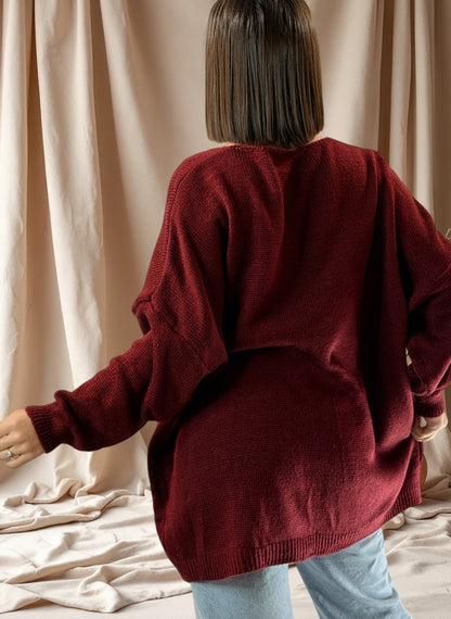 MOLLY - PULL OVERSIZE BORDEAUX AVEC PERLE ET STRASS JUSQU'A LA TAILLE 54