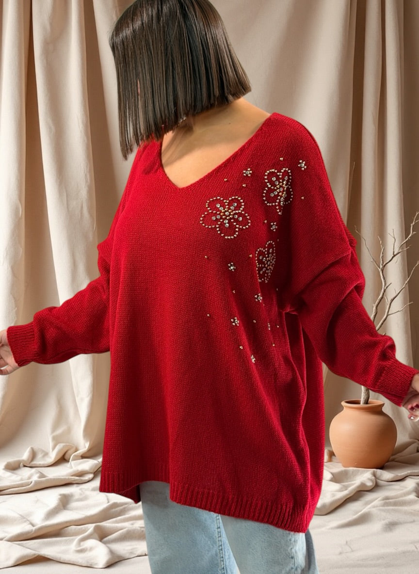 ROSITA - PULL OVERSIZE ROUGE AVEC PERLE ET STRASS JUSQU'A LA TAILLE 54