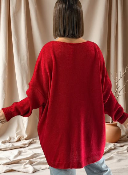 ROSITA - PULL OVERSIZE ROUGE AVEC PERLE ET STRASS JUSQU'A LA TAILLE 54