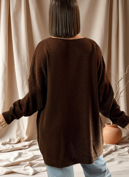 ROSITA - PULL OVERSIZE MARRON AVEC PERLE ET STRASS JUSQU'A LA TAILLE 54