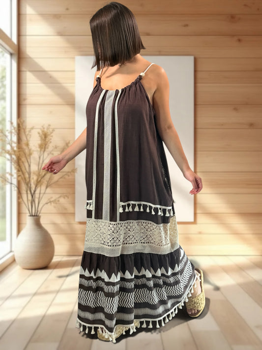 CATALINA - ROBE LONGUE BOHEME MARRON JUSQU'A LA TAILLE 54