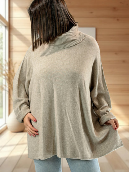 LUCIANO - PULL OVERSIZE COL ROULE TAUPE JUSQU'A LA TAILLE 56/58