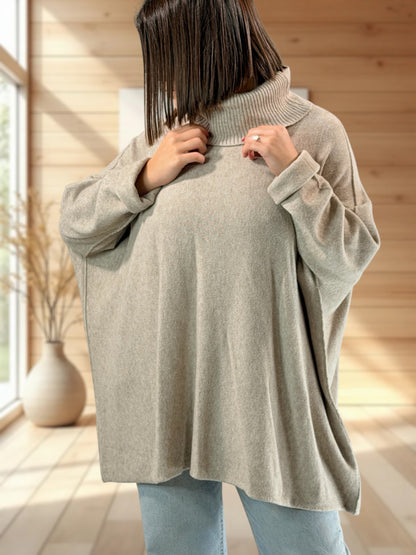 LUCIANO - PULL OVERSIZE COL ROULE TAUPE JUSQU'A LA TAILLE 56/58