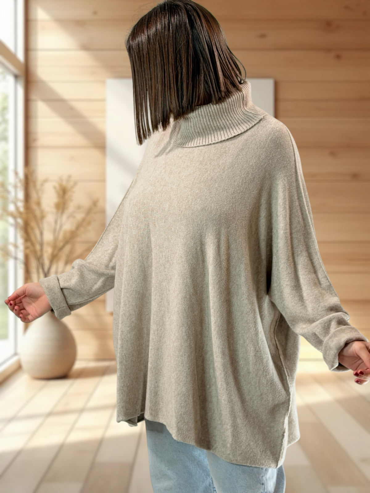 LUCIANO - PULL OVERSIZE COL ROULE TAUPE JUSQU'A LA TAILLE 56/58