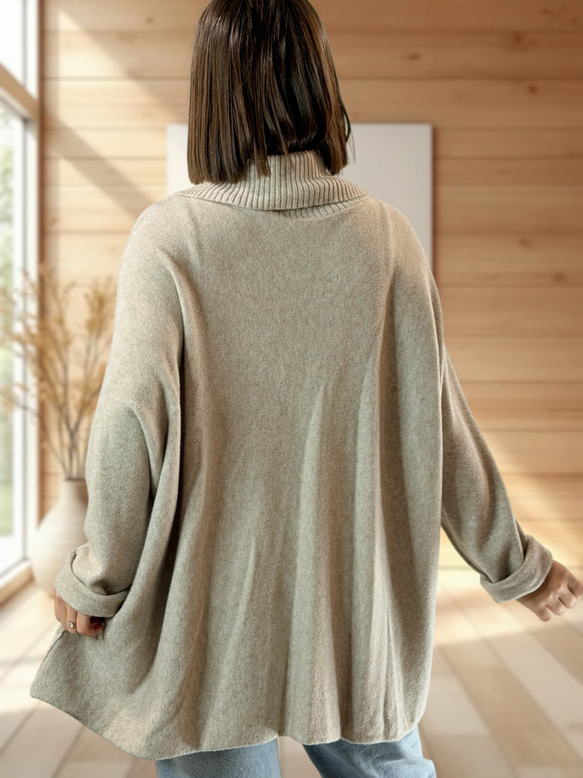 LUCIANO - PULL OVERSIZE COL ROULE TAUPE JUSQU'A LA TAILLE 56/58