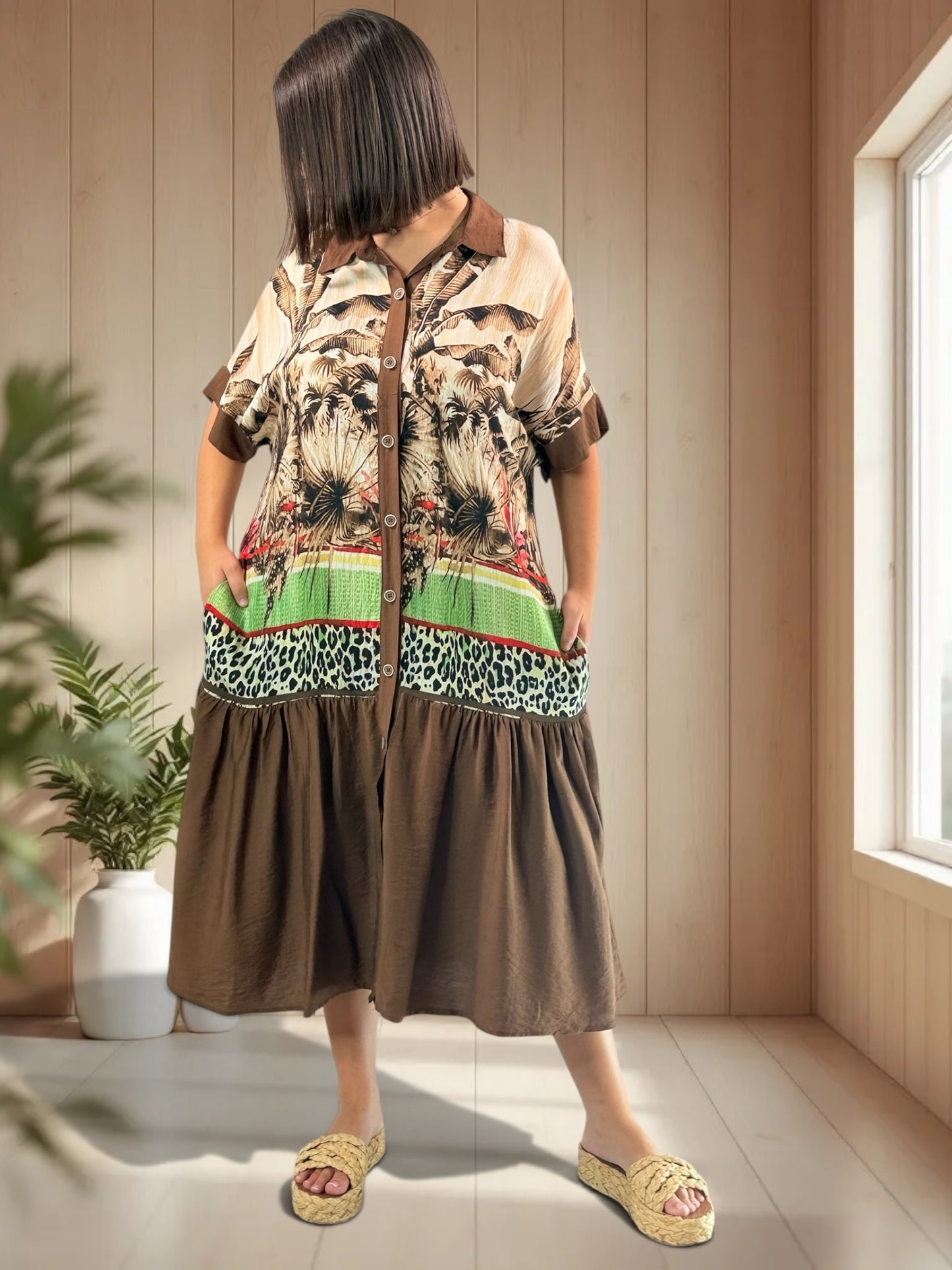 SAUVANE - ROBE MOTIF MARRON JUSQU'A LA TAILLE 48