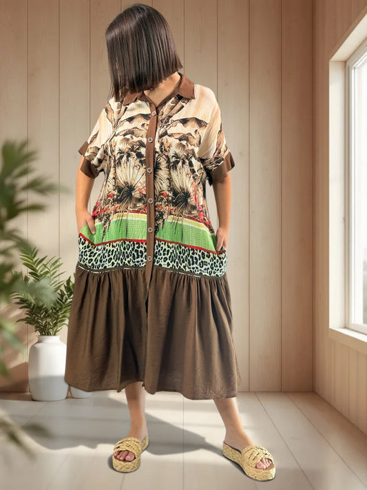 SAUVANE - ROBE MOTIF MARRON JUSQU'A LA TAILLE 48