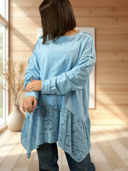 SOLENE  - TUNIQUE BLEU CIEL EN COTON AVEC DENTELLE JUSQU'A LA TAILLE 52