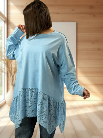 SOLENE  - TUNIQUE BLEU CIEL EN COTON AVEC DENTELLE JUSQU'A LA TAILLE 52