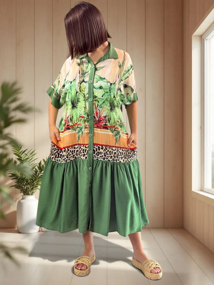 SAUVANE - ROBE MOTIF VERT JUSQU'A LA TAILLE 48