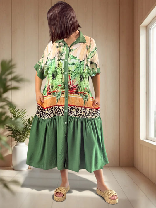 SAUVANE - ROBE MOTIF VERT JUSQU'A LA TAILLE 48