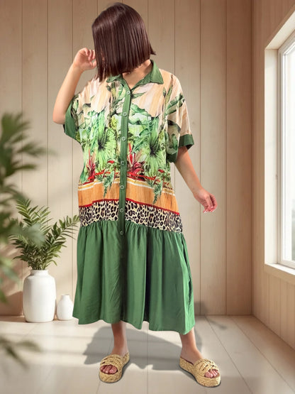SAUVANE - ROBE MOTIF VERT JUSQU'A LA TAILLE 48