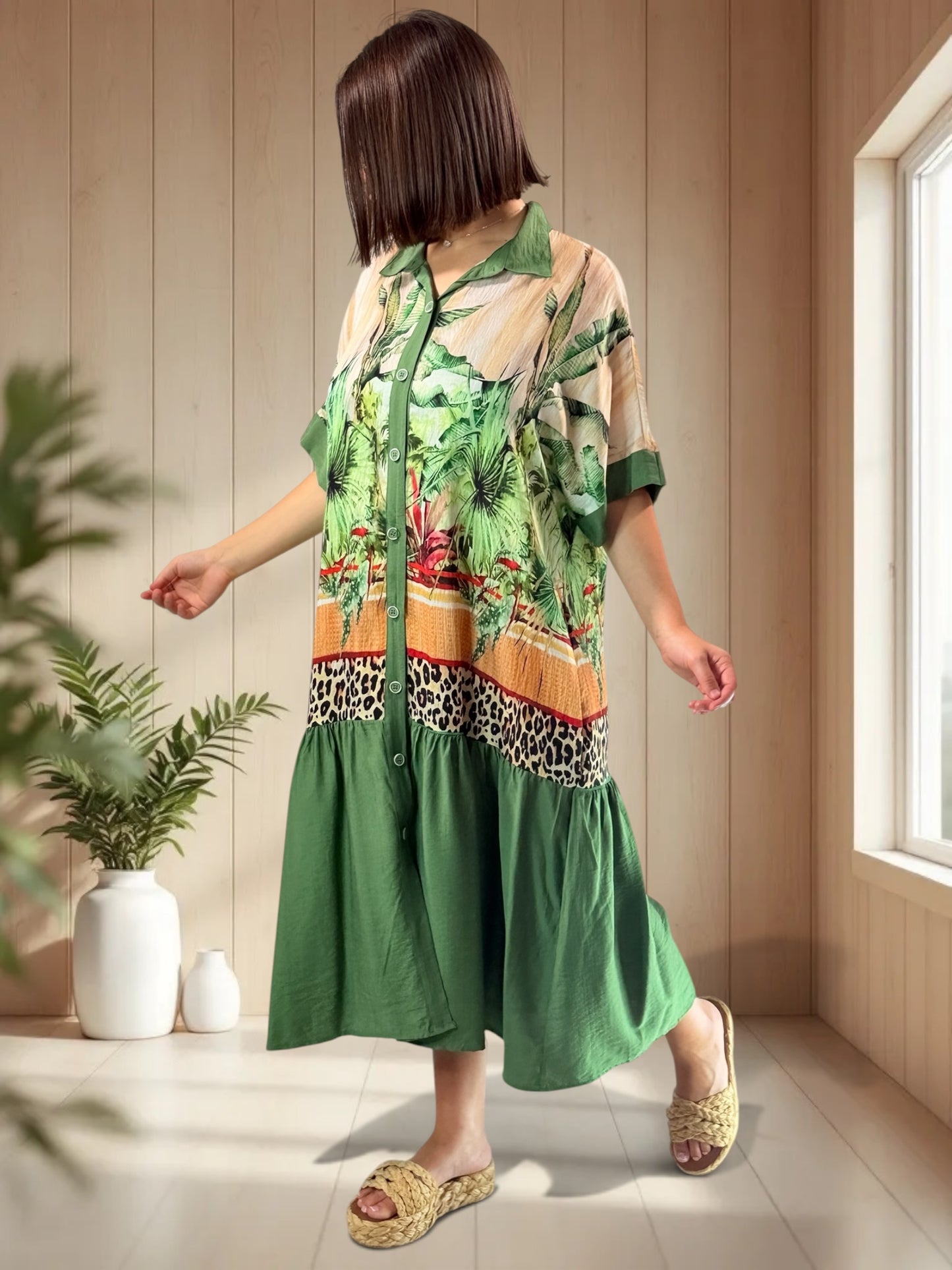 SAUVANE - ROBE MOTIF VERT JUSQU'A LA TAILLE 48