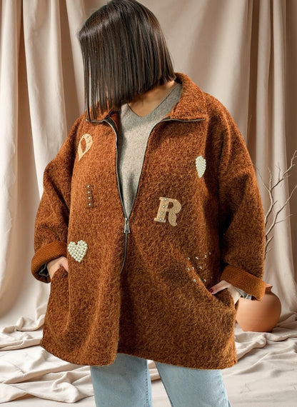LARA - VESTE OVERSIZE ROUILLE EFFET LAINE BOUILLIE JUSQU'A LA TAILLE 52