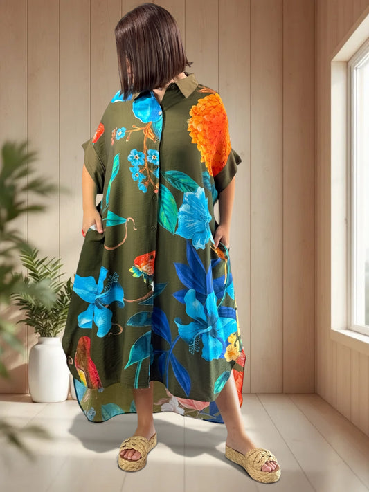ELIXIR - ROBE OVERSIZE KAKI A FLEUR JUSQU'A LA TAILLE 54/56
