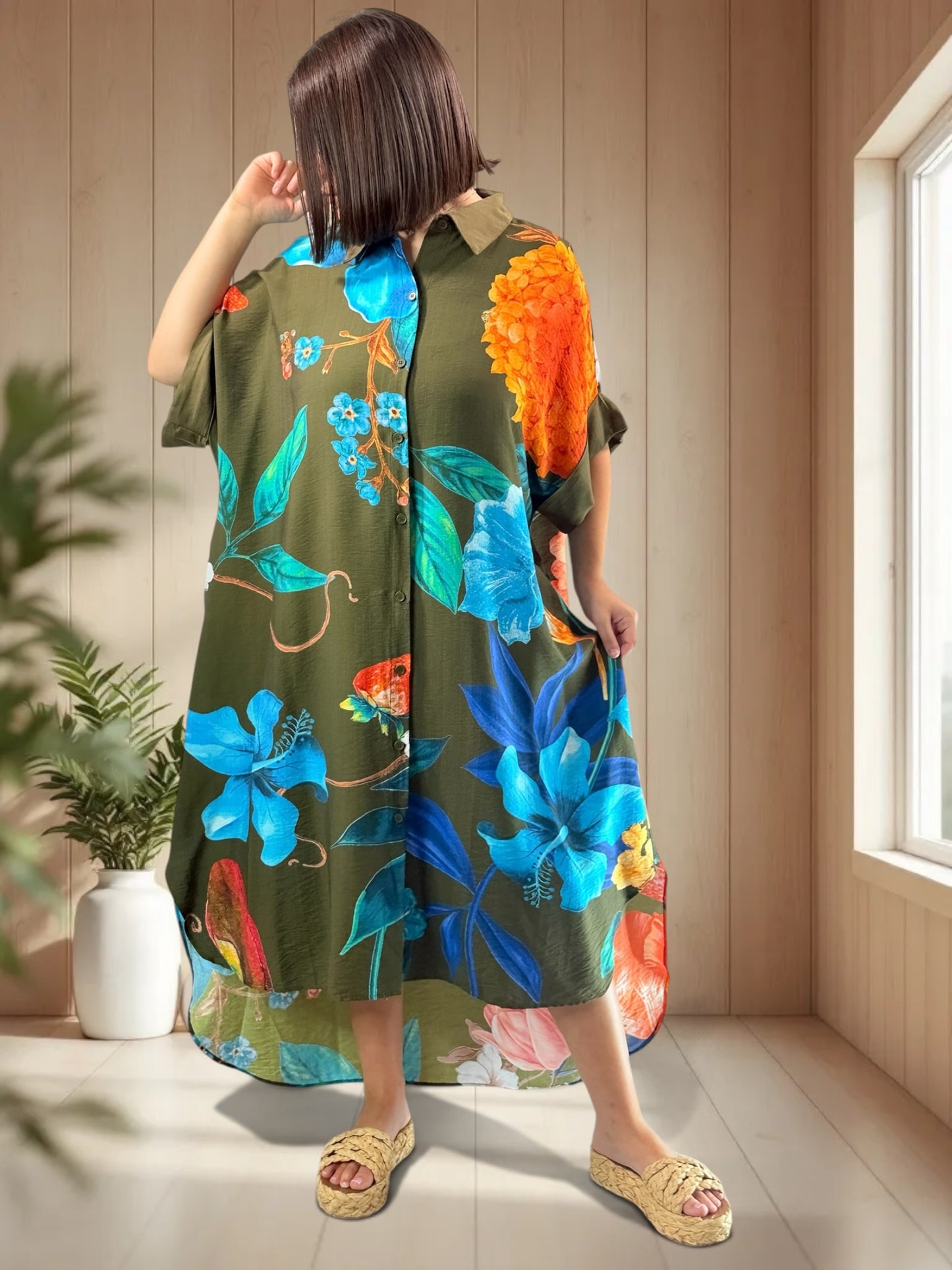 ELIXIR - ROBE OVERSIZE KAKI A FLEUR JUSQU'A LA TAILLE 54/56