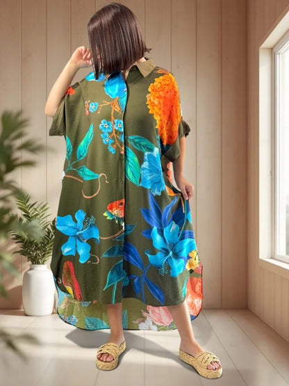 ELIXIR - ROBE OVERSIZE KAKI A FLEUR JUSQU'A LA TAILLE 54/56