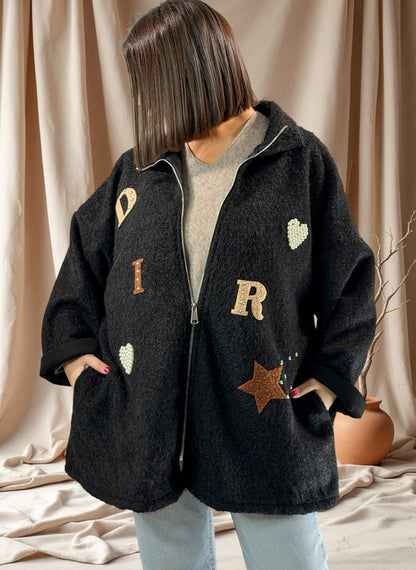 LARA - VESTE OVERSIZE NOIRE EFFET LAINE BOUILLIE JUSQU'A LA TAILLE 52