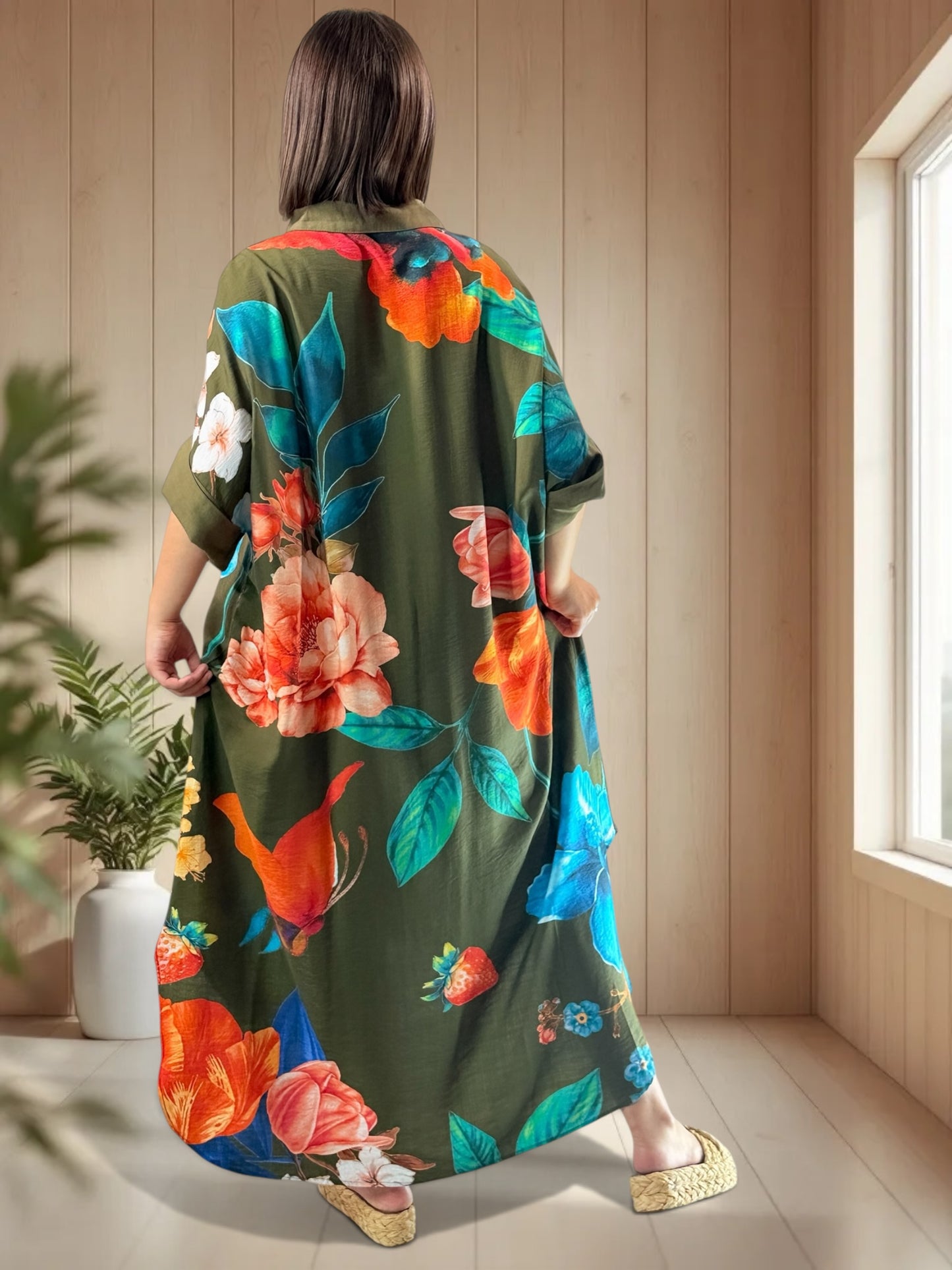 ELIXIR - ROBE OVERSIZE KAKI A FLEUR JUSQU'A LA TAILLE 54/56