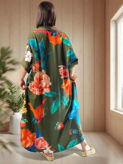 ELIXIR - ROBE OVERSIZE KAKI A FLEUR JUSQU'A LA TAILLE 54/56