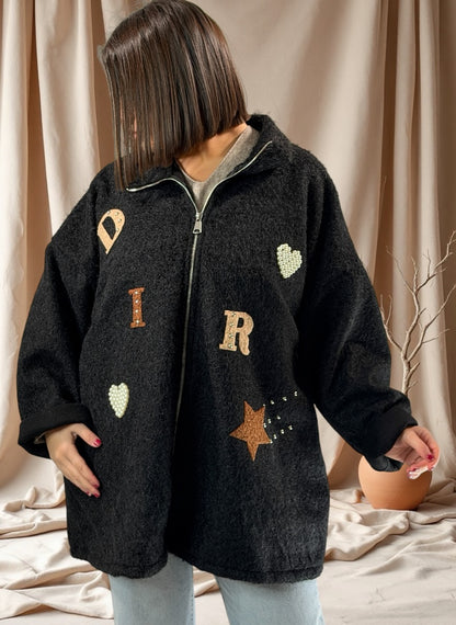 LARA - VESTE OVERSIZE NOIRE EFFET LAINE BOUILLIE JUSQU'A LA TAILLE 52