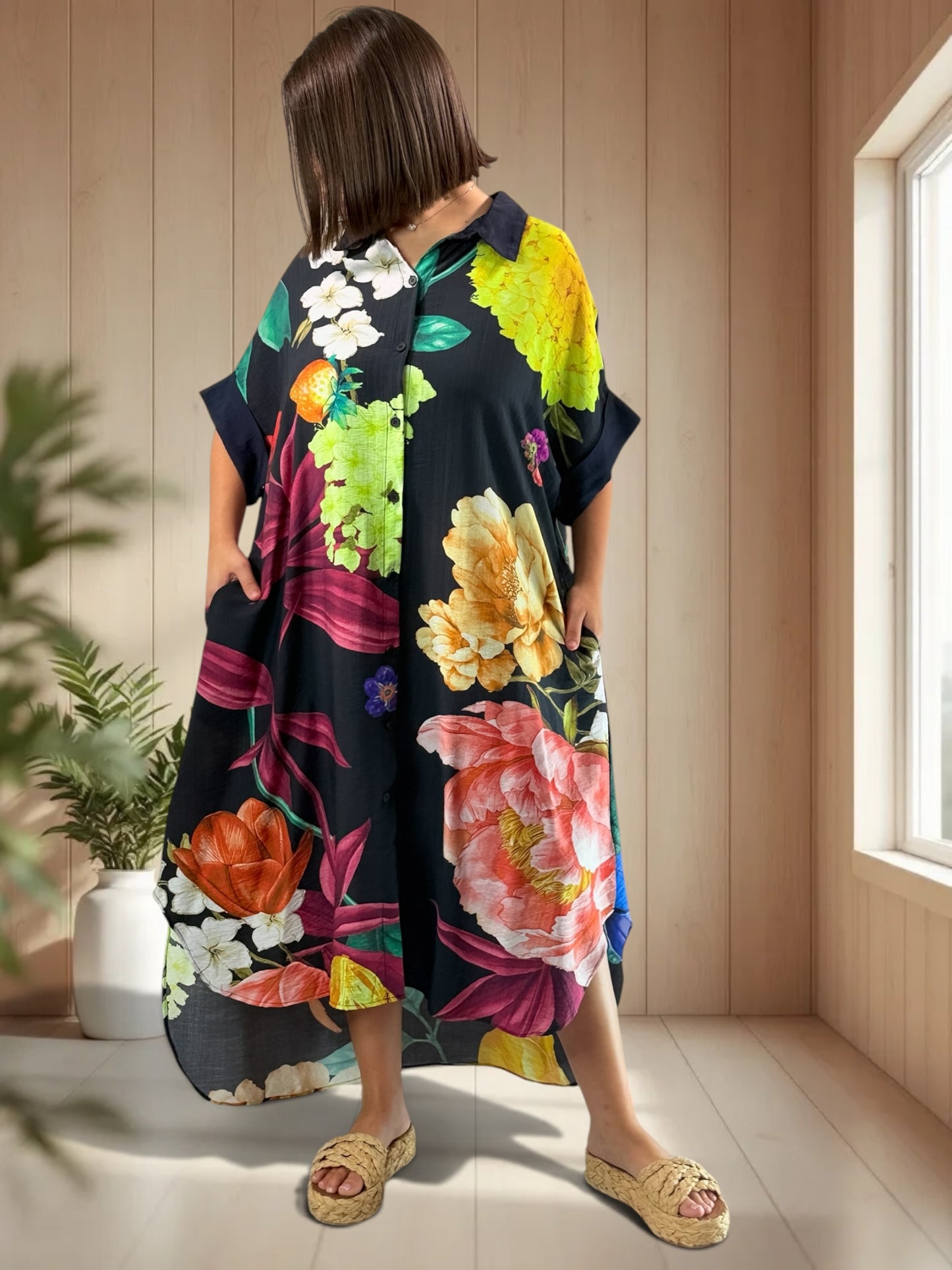 ELIXIR - ROBE OVERSIZE MARINE A FLEUR JUSQU'A LA TAILLE 54/56