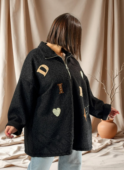 LARA - VESTE OVERSIZE NOIRE EFFET LAINE BOUILLIE JUSQU'A LA TAILLE 52