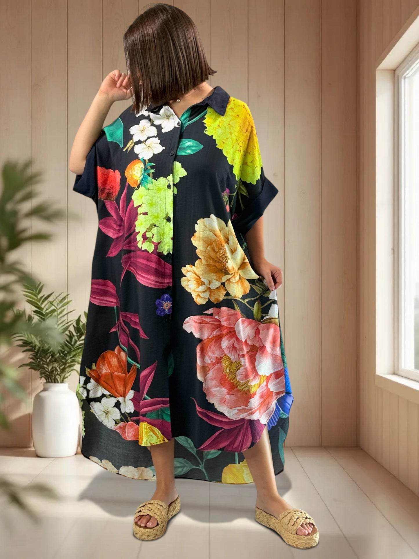 ELIXIR - ROBE OVERSIZE MARINE A FLEUR JUSQU'A LA TAILLE 54/56